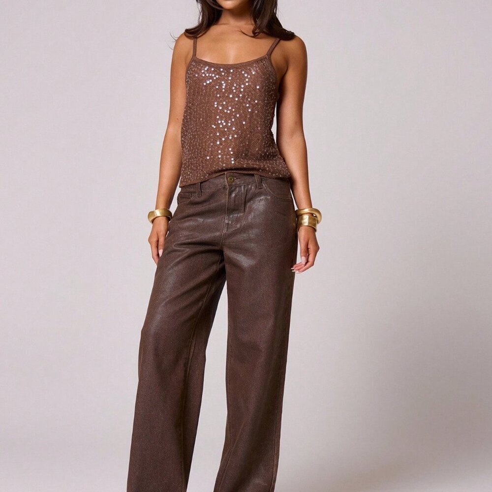 Chocolate Brown Casual Strappy Sequin Women's Top